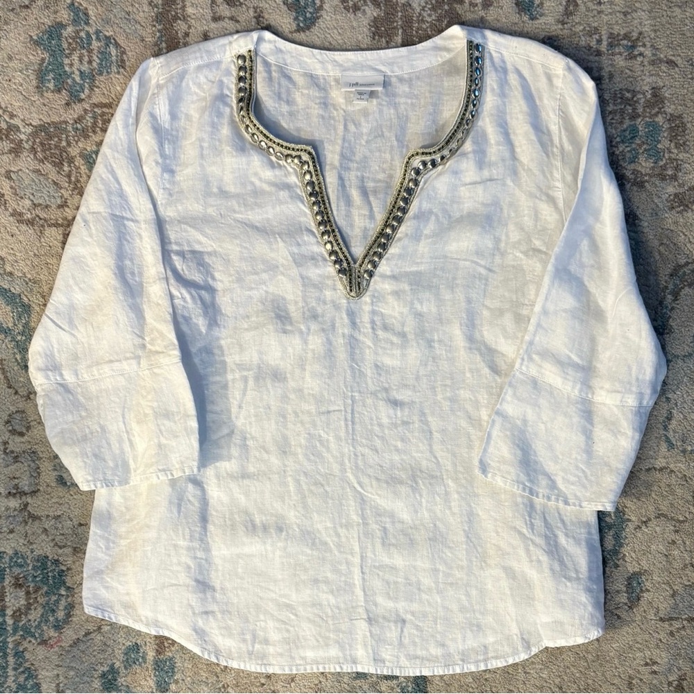 J. Jill White Linen Embellished V-Neck Tunic
